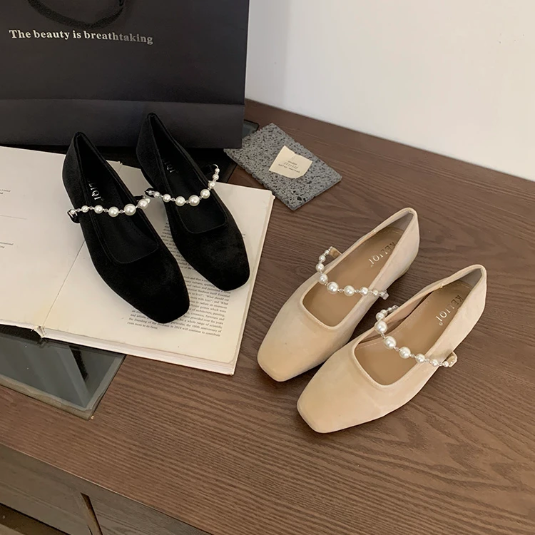 仙女串珠一字带单鞋方头软皮软底浅口公主鞋通勤玛丽珍鞋气质瓢鞋