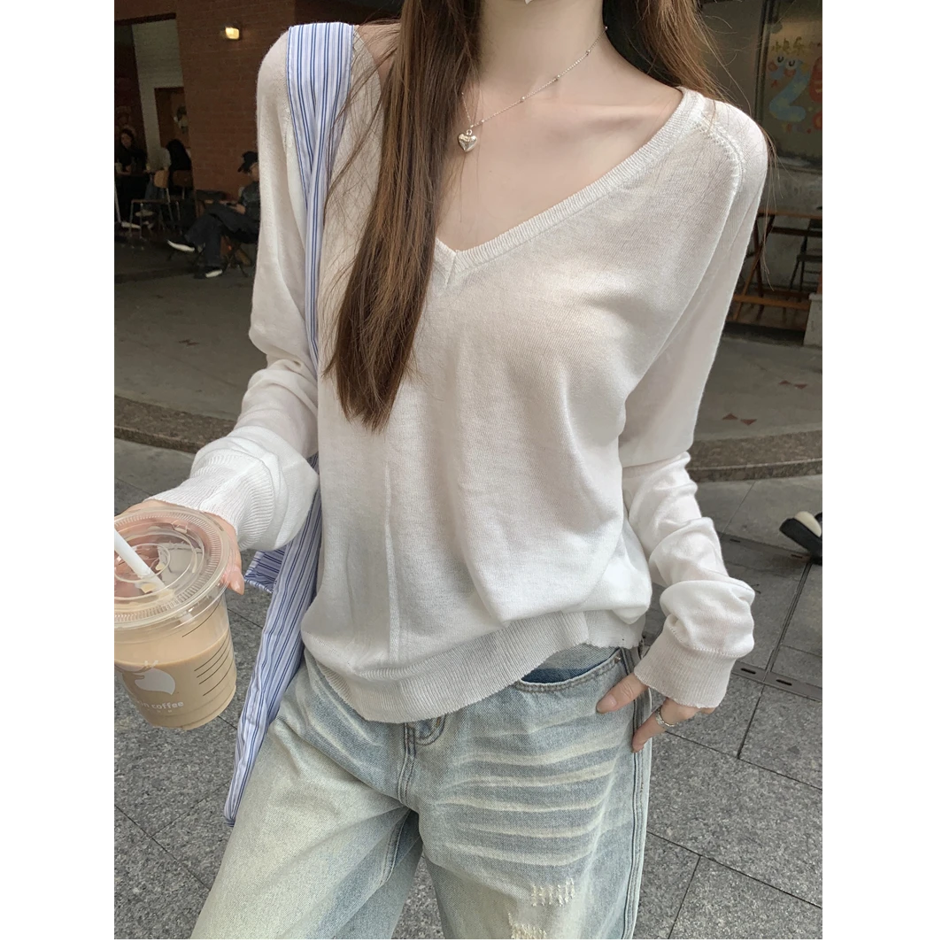 2025春夏新款宽松长袖上衣V领针织衫女上衣