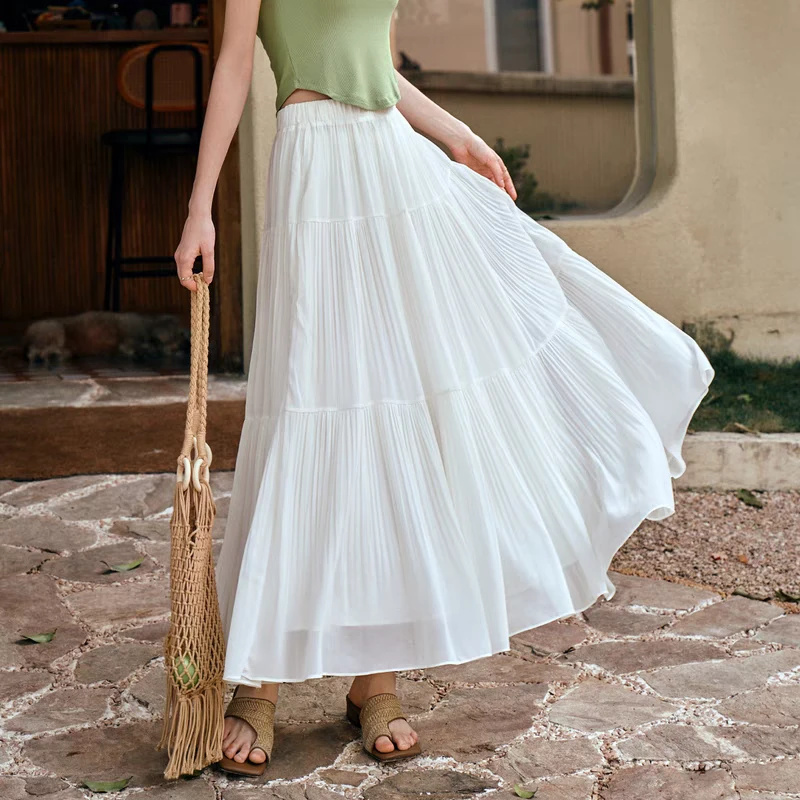 半身裙女夏季新款A字纱裙高腰显瘦百褶裙子669# 裙长88