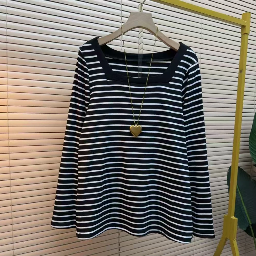胖妹妹时尚气质方领大码显瘦长袖百搭宽松韩版条纹8493休闲女人衫