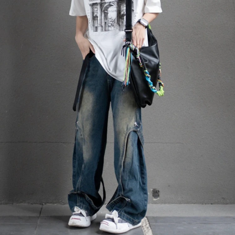 美式高街重工金属解构拼接牛仔裤男宽松直筒裤水洗做旧vibe小众潮