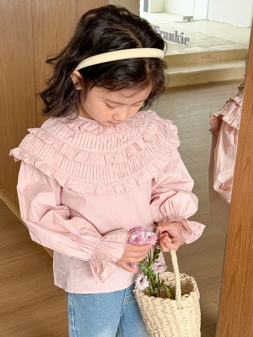 现货【可洛】100棉5427女童春季新款薄款娃娃衫法式百搭长袖衬衫