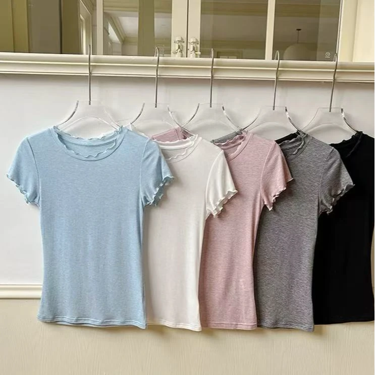 夏季木耳边短袖女打底衫百搭