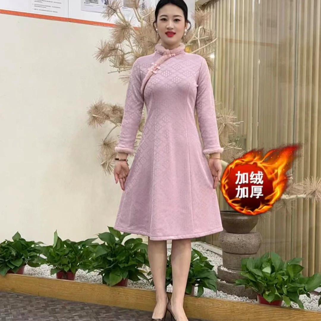 优雅高贵加绒保暖冬季改良连衣裙修身气质显瘦旗袍国风款