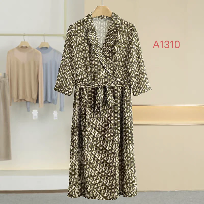 A1310西装领显瘦法式收腰连衣裙夏季印花女士百搭复古花色气质