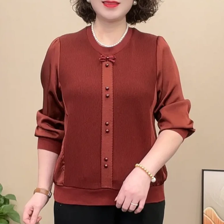 春季新款长袖时尚洋气百搭宽松显瘦气质圆领拼接妈妈装上衣女士