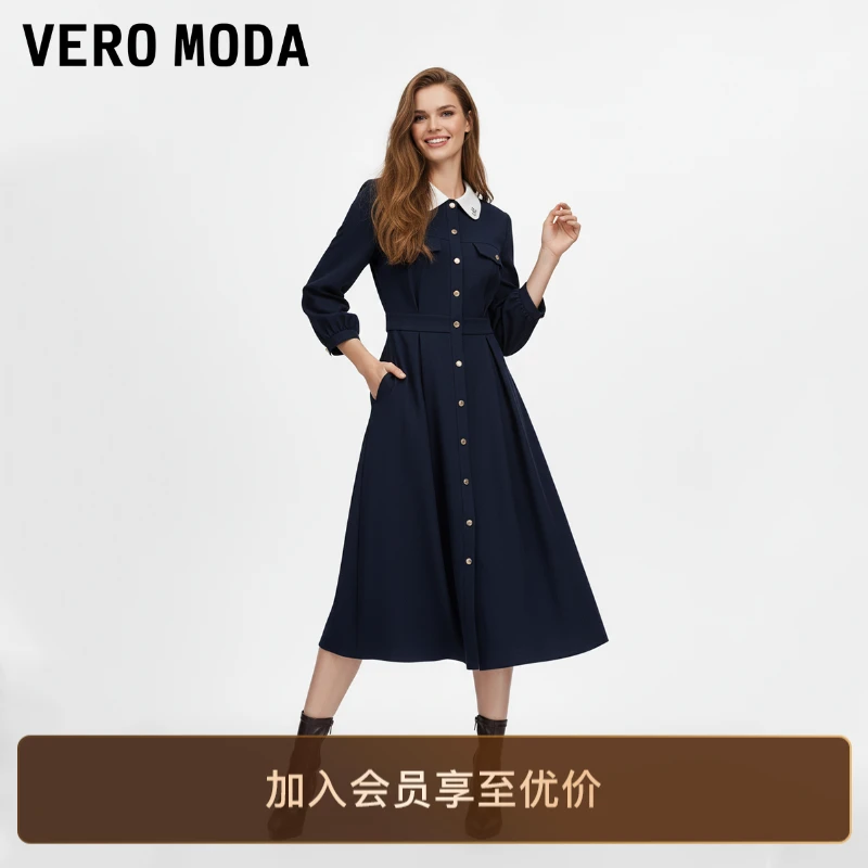 Vero Moda连衣裙2025秋季新款撞色翻领高腰线收褶中长裙老钱风女