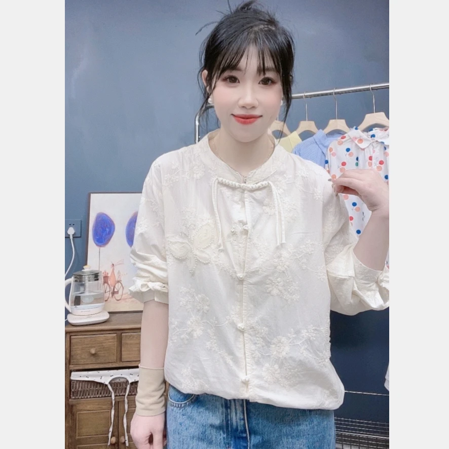 不褪色刺绣显瘦衬衫小众立领气质设计感绣花提花中国风宽松