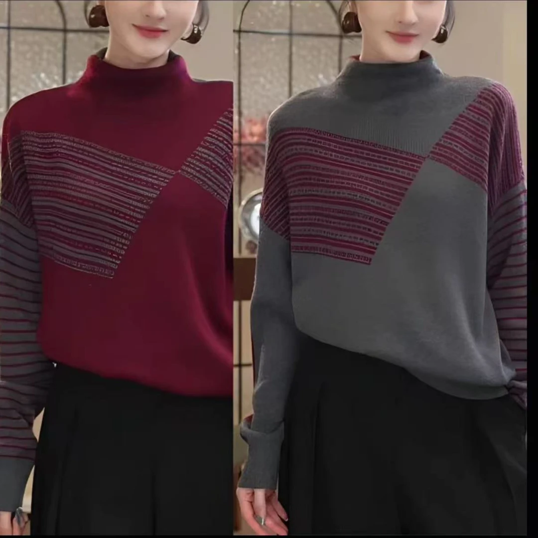 双面穿！秋冬新款堆堆领撞色宽松百搭时尚针织套头毛衣女9553-15
