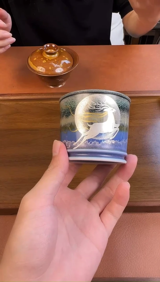 问青坊纯手工手绘窑变九色鹿柴窑直口杯