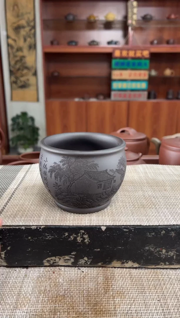 茶杯紫砂黑石黄刻忆江南主人杯泡沫装