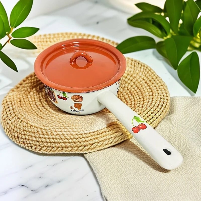 新疆包邮【16CM美式奶锅】搪瓷水瓢长柄可爱厨房小奶锅家用多用水勺