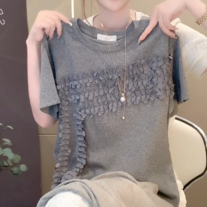 2025夏季新款女装圆领拼接木耳边宽松百搭短袖T恤LK2503343