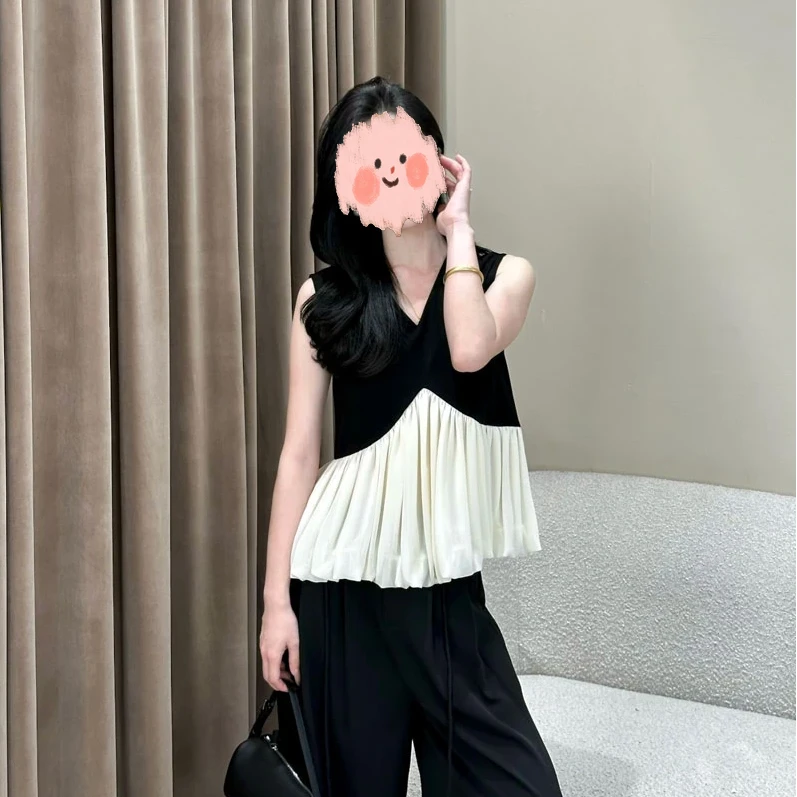 【贵气干金】法式拼接V领无袖T恤女2025夏季新款气质设计感百搭上衣