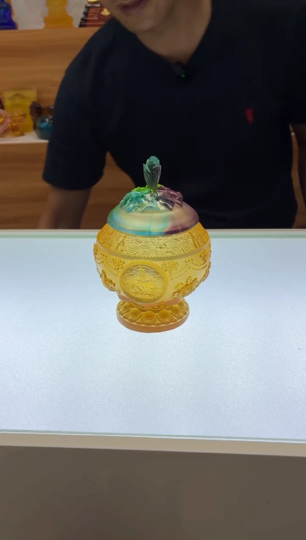 琉璃手工艺品八吉祥香炉14*10公分彩盖