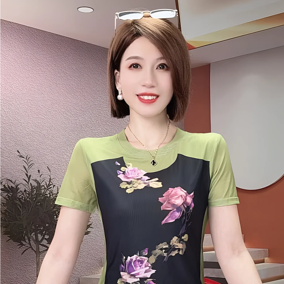 高级感网纱印花短袖T恤女夏季2025新款洋气扎染气质时尚小衫上衣
