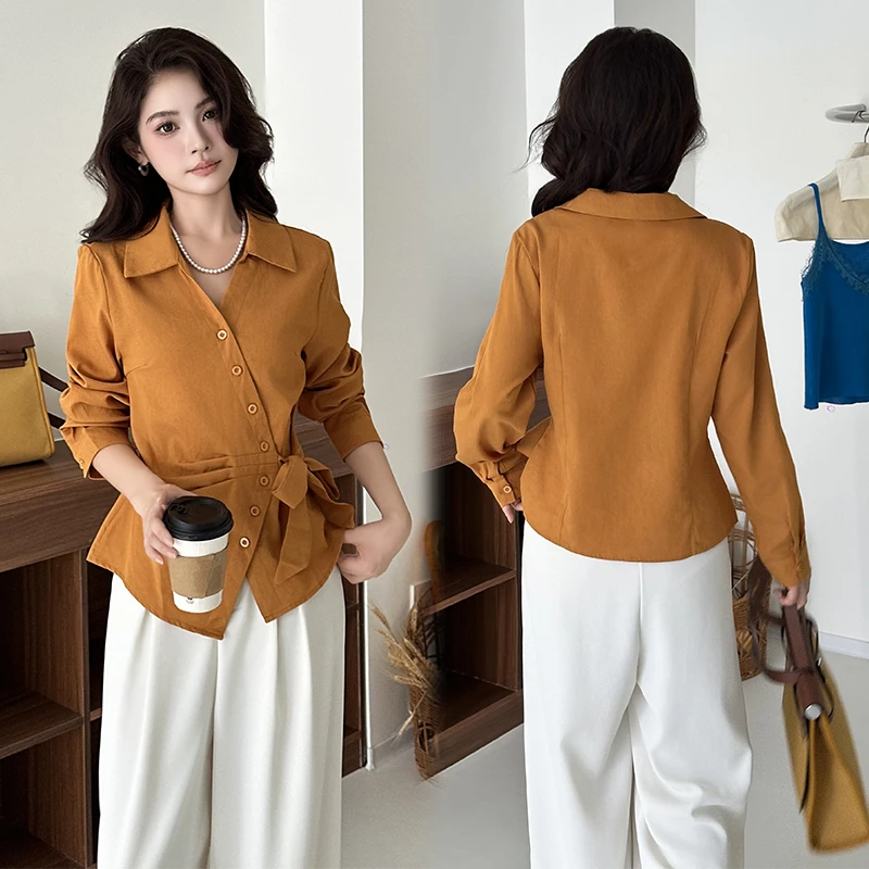 2025春秋新款韩版衬衣不规则长袖衬衫时尚洋气绑带收腰上衣25027