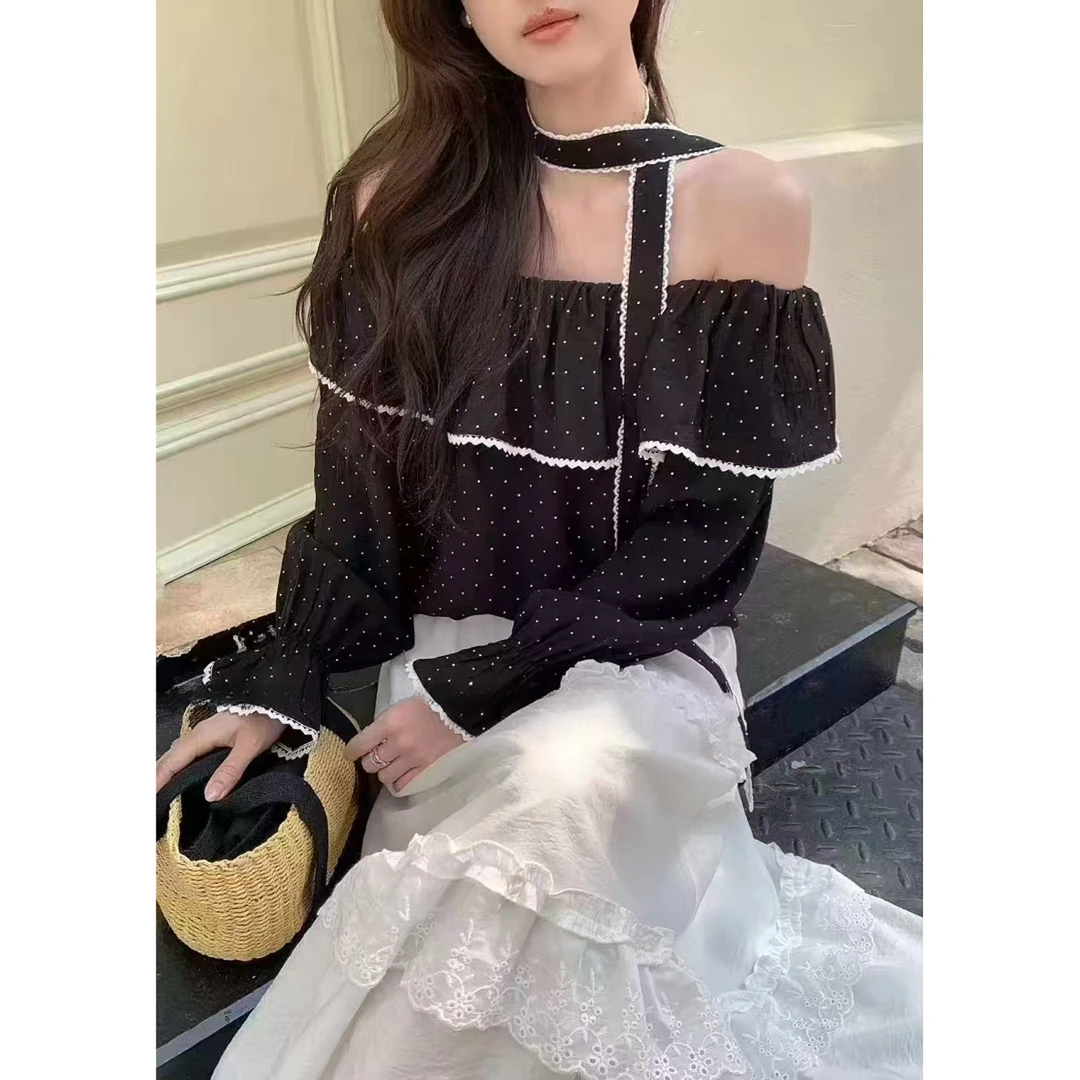 荷叶边一字肩上衣2025春季新款韩系气质温柔减龄纯欲小衫HD