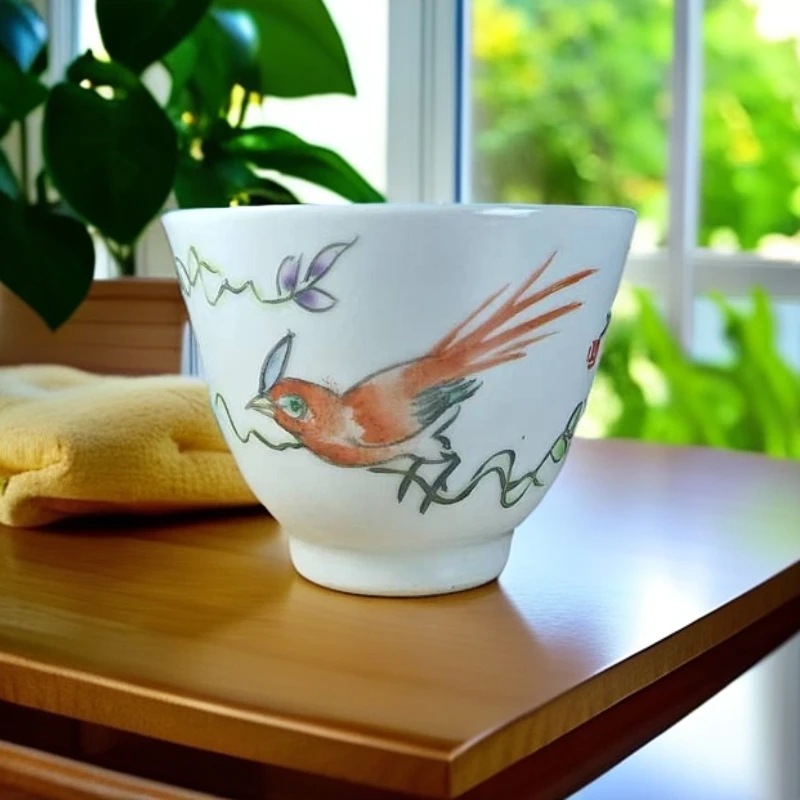 手绘粉彩鸟语花香杯 陶瓷 纯手工 主人杯 全手工 蝶恋花茶壶茶具