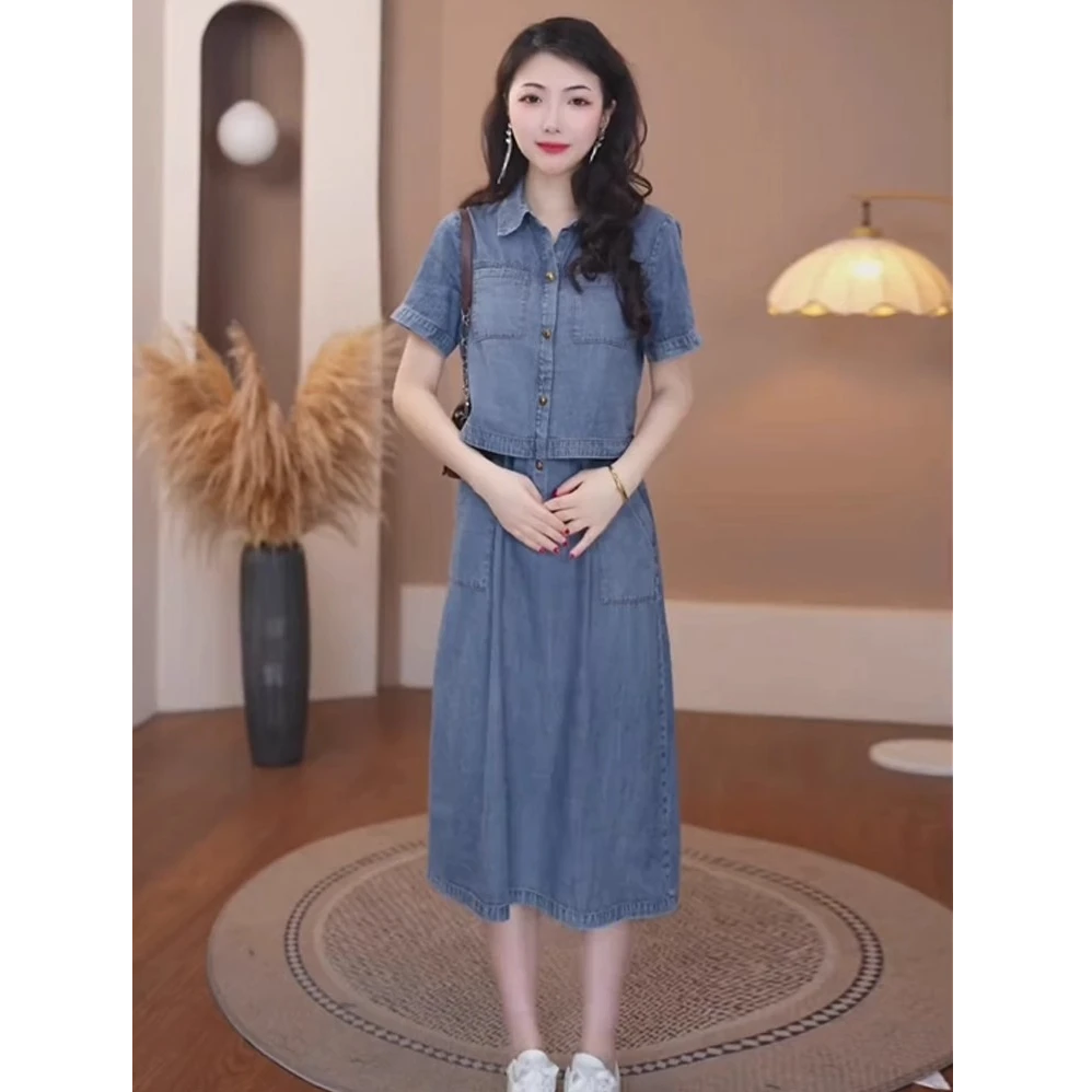 薄款牛仔连衣裙女短袖2025夏季新款收腰显瘦时尚假两件中长款裙子