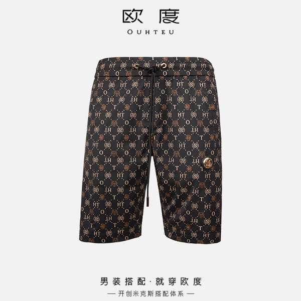 OUHTEU/欧度25新款夏季男士品牌徽标撞色印花休闲短裤黑色7545