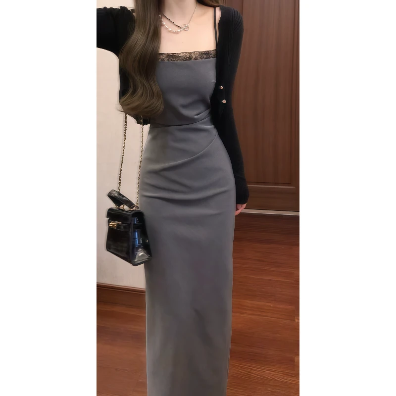 灰色富家千金风绝美蕾丝拼接吊带连衣裙收腰皱褶气质包臀长裙9065