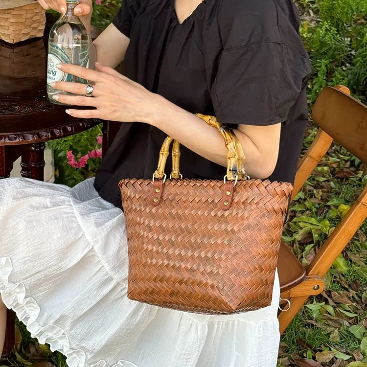 E452 田园草编包复古百搭藤编手提包竹节把手菜篮子包手工编织包