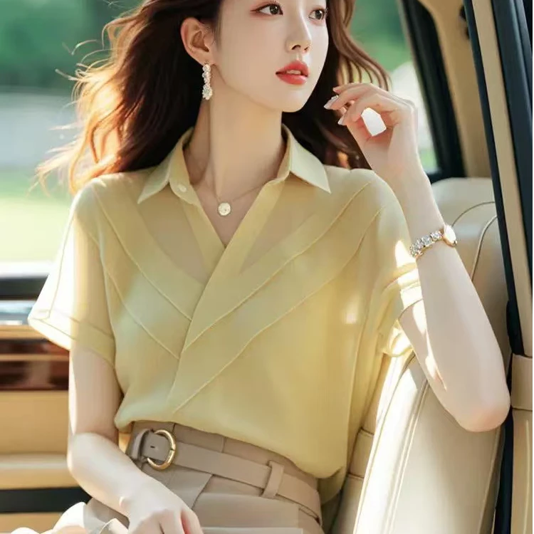 哥弟阿玛施正品新款流行法式黄色衬衣短袖衬衫女夏季小衫百搭显瘦