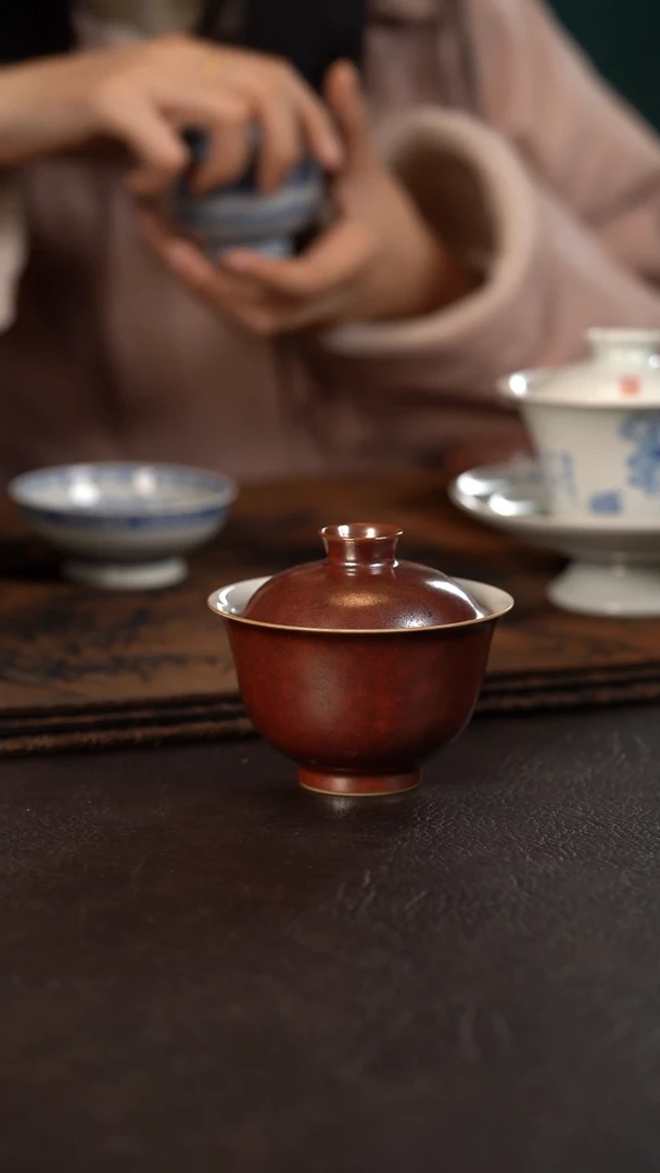 【闪购商品】杯聚澜堂红金花撇口盖碗