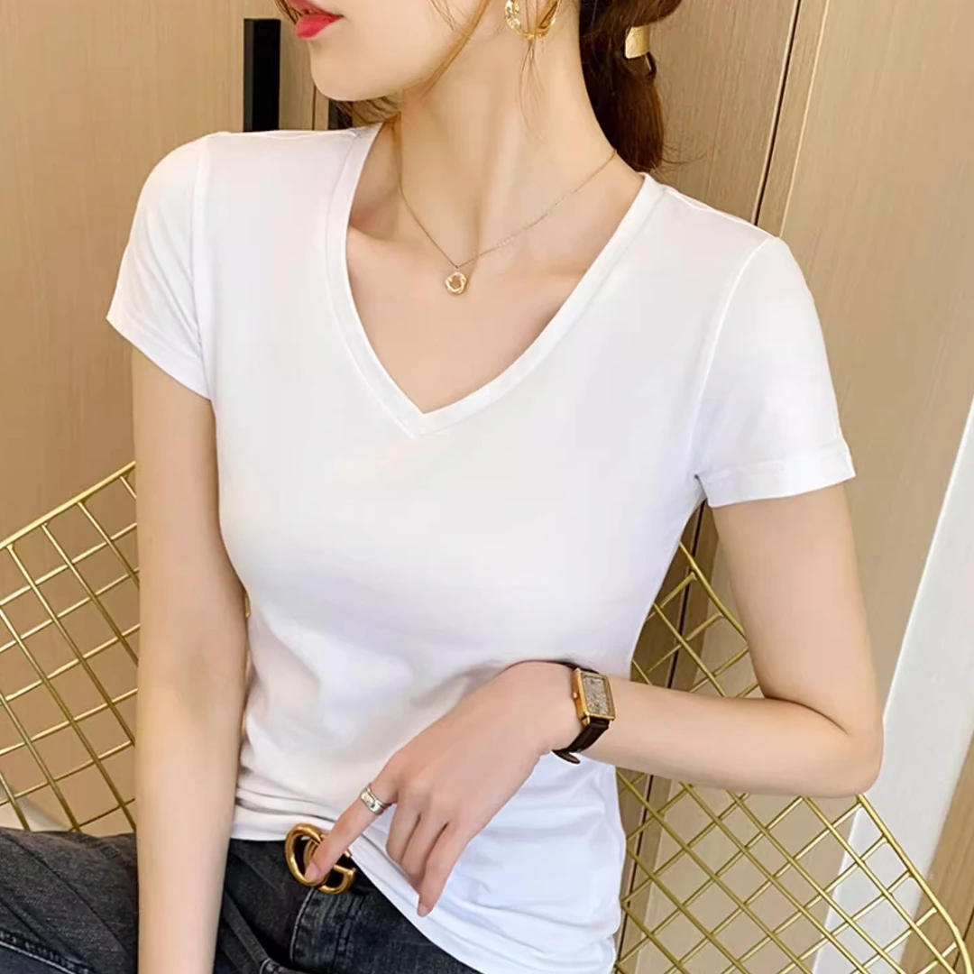 修身型不起球短袖镂空T恤V领t恤百搭显瘦纯色夏季韩版打底衫紧身