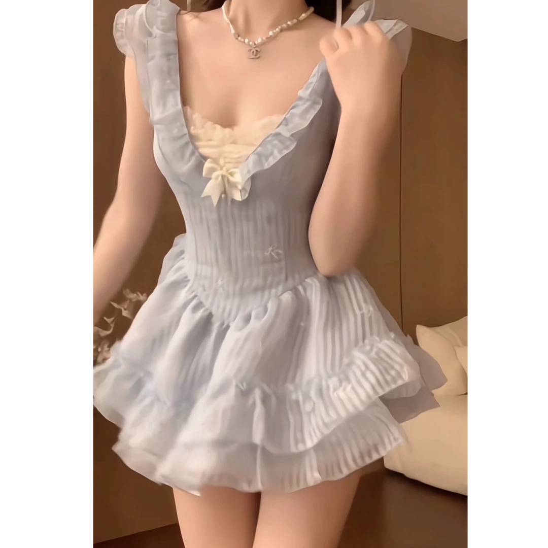 春日限定 甜美约会设计感连衣裙2025春夏新款蛋糕裙打底裤两件套