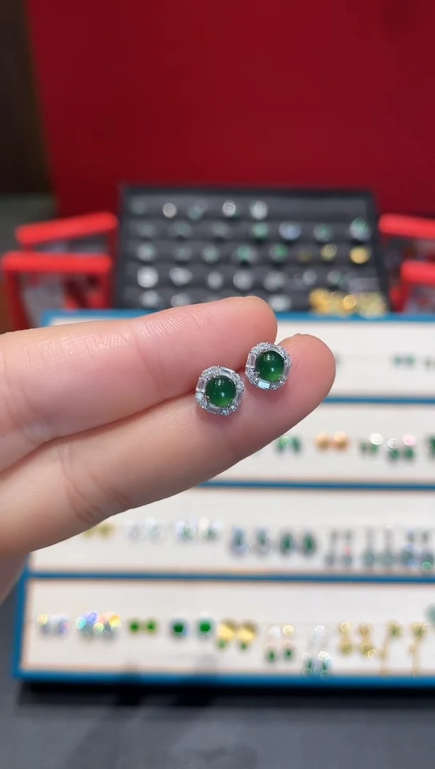 银S925镶嵌翡翠耳饰翡翠耳钉