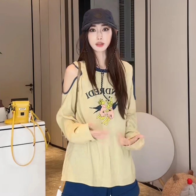 PCNY「天使星期五」不理理夏季新款小众女装卡通印花露肩长袖T恤