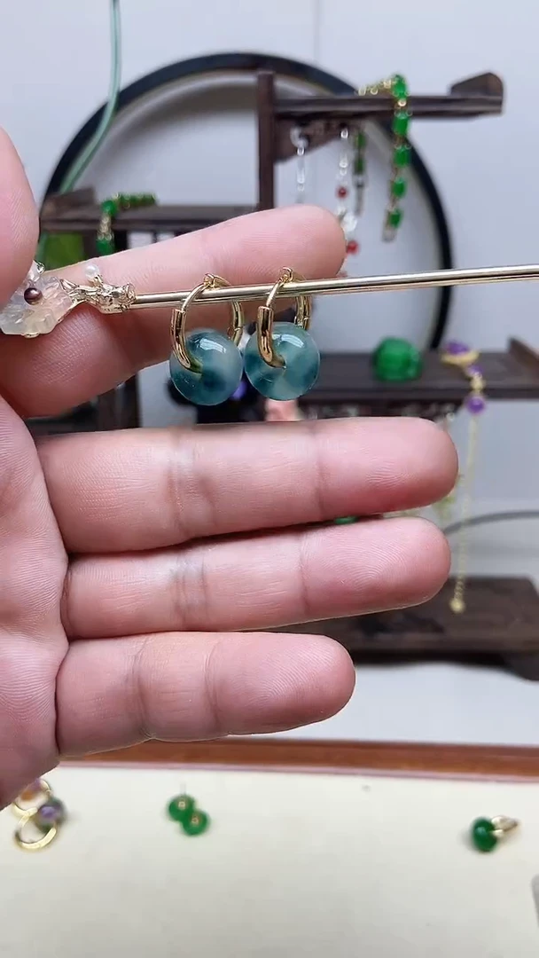 翡翠14K金镶嵌耳饰121号