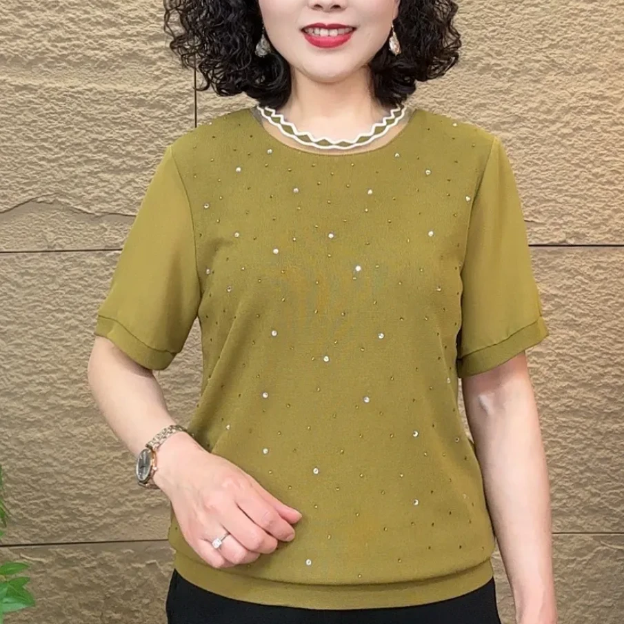 夏季新款时尚洋气圆领短袖T恤女宽松显瘦减龄烫钻气质百搭上衣女
