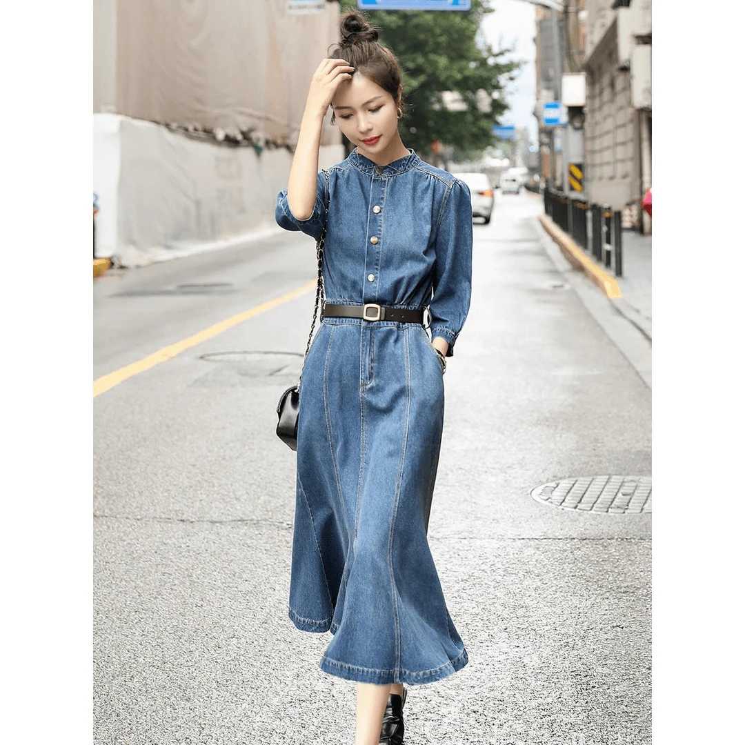 春秋季过膝长款新款女鱼尾高个子收腰显瘦七分袖牛仔连衣裙子长裙