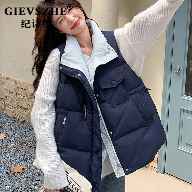 纪诗哲藏青色羽绒百搭马甲2025年秋冬新款休闲收腰设计感保暖背心