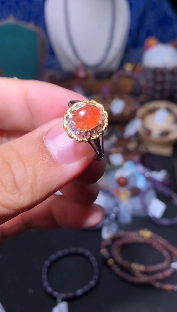 银S925镶嵌戒指长石金太阳戒指