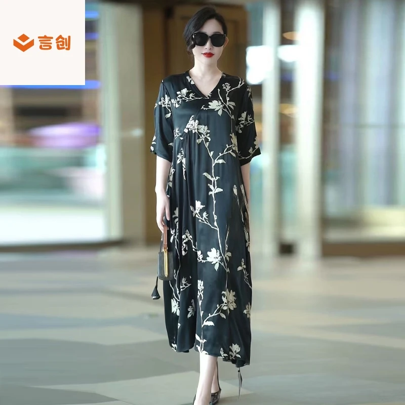 401复古国风醋酸缎V领连衣裙高贵宽松大码优雅气质阔太太妈妈长裙