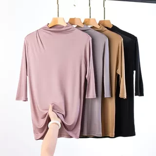 真丝短袖T恤女肩部褶皱连领半袖上衣纯色百搭通勤桑蚕丝打底衫