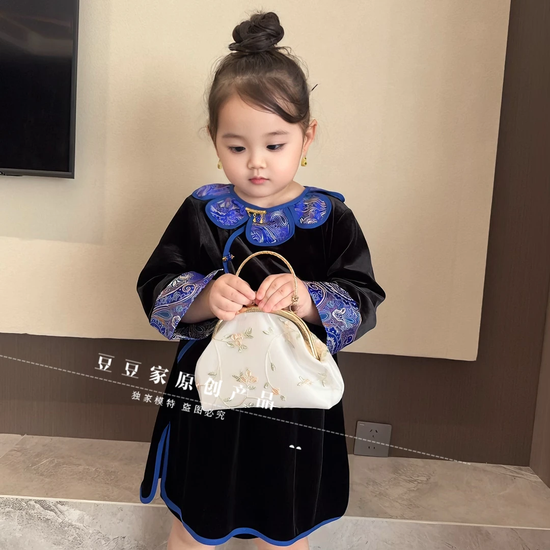 仿醋酸高端丝绒女童旗袍裙欧洲站2025秋冬款中国风女孩复古连衣裙