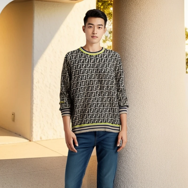 99新 FENDI/芬迪 /针织衫/双F满印长袖套头/休闲/50码/0001753