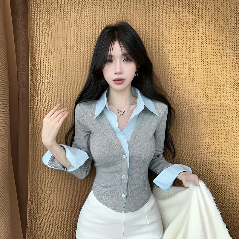 春秋季新款可盐可甜POLO领拼接假两件长袖修身显瘦休闲打底衫女款