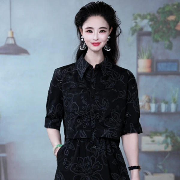 新款洋气别致刺绣优雅减龄时尚百搭显瘦夏季假两件连衣裙M-4XL