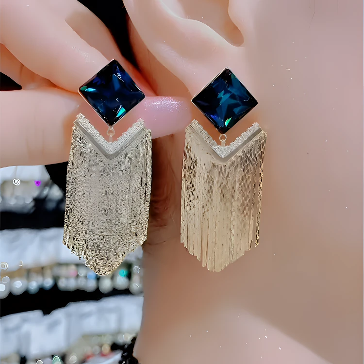 铜合金莫桑石耳饰 2025新款蓝色流苏菱形耳环高级感轻奢气质 耳钉