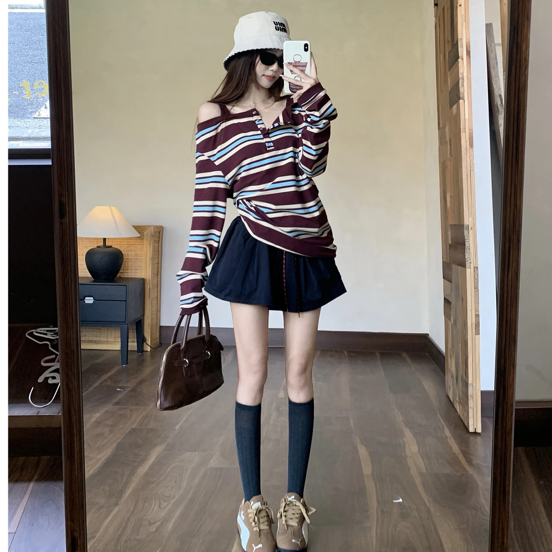 胖mm大码条纹一字肩吊带上衣女早秋季别致绝美高级感露肩长袖t恤