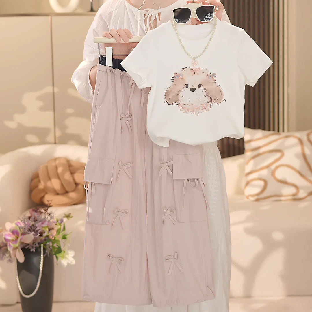 女童2025夏季新款洋气卡通短袖＋蝴蝶结工装裤套装YY216