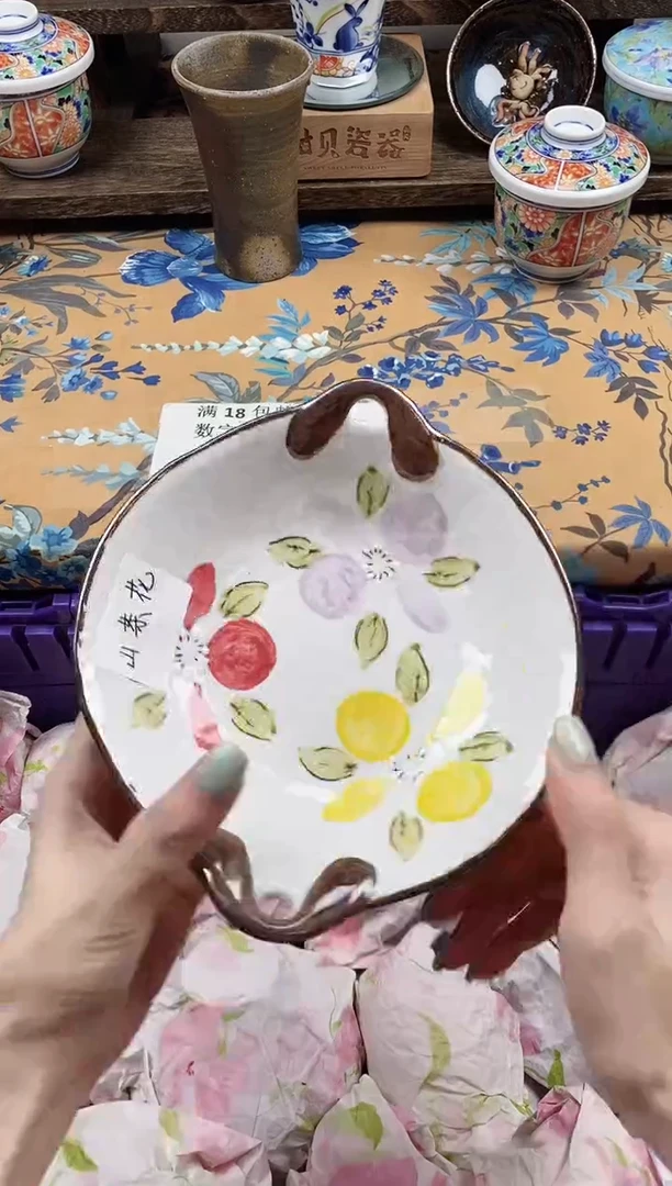 瓷片山茶花双耳盘