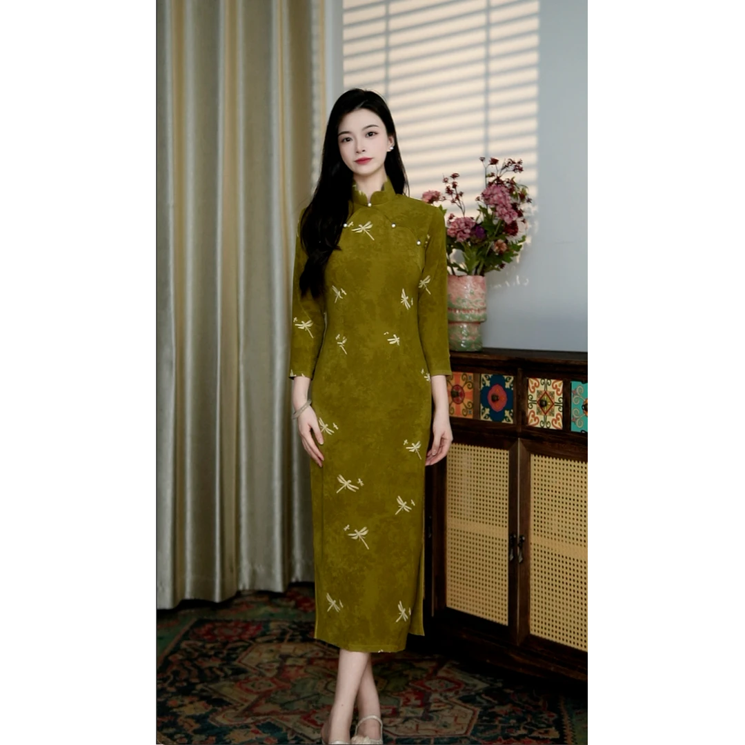 锦笙 |125川黛改良新中式七分袖高开叉拉链早秋绿色显白气质旗袍