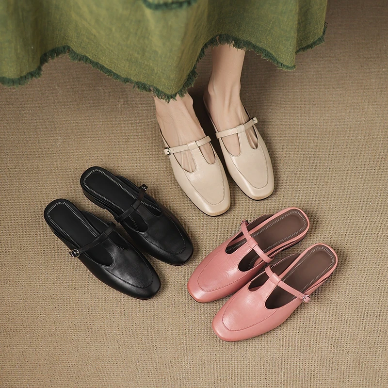 真皮包头半拖鞋女夏2025新款爆款平低拖鞋女鞋外穿懒人鞋41-42码